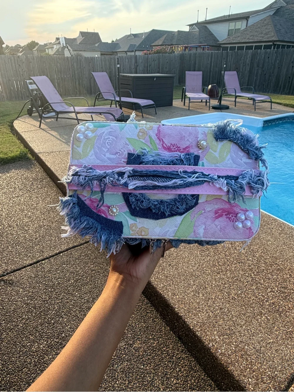 Floral Top Denim Fringe Vanity Bag - Pink and Blue